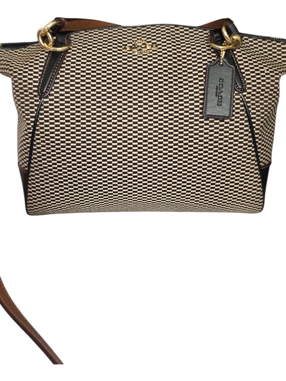Coach Black & Cream Woven Shoulder Tote with Gold Hardware
